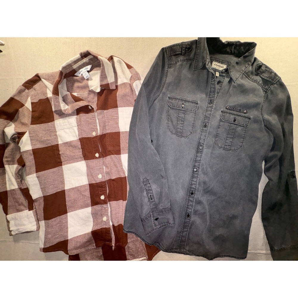 2pc Bundle Old Navy Buffalo Plaid Flannel & Express Utility Boyfriend Shirts S
